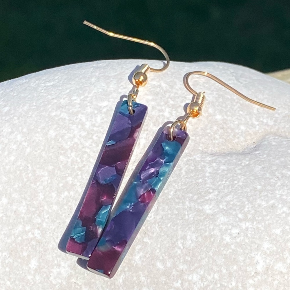 Purple multicolor acrylic linear drop earrings